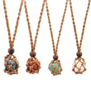 天然石水晶原石网兜手工编织项链吊坠可调节毛衣链欧美简约饰品