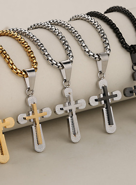 双层不锈钢十字架吊坠钛钢项链