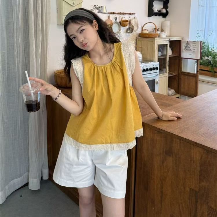 无袖蕾丝花边上衣夏季新款韩版时尚宽松圆领小众设计显瘦百搭小衫
