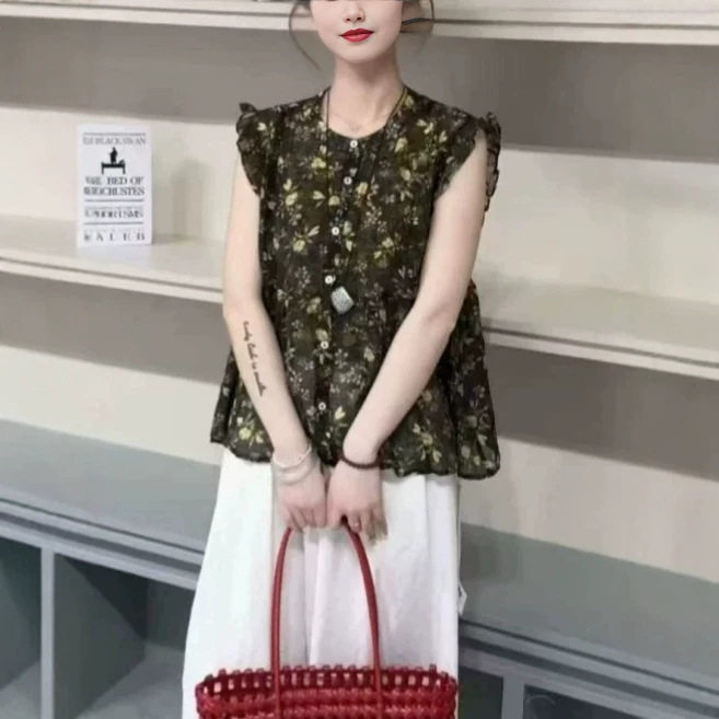 法式碎花木耳边衬衫女夏季2026新款韩版宽松薄款气质减龄雪纺上衣
