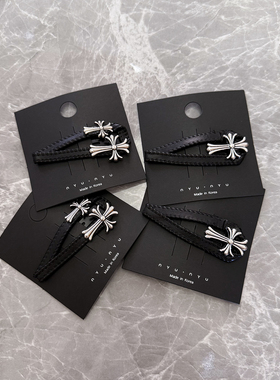 复古黑色皮质十字架发夹边夹侧边刘海夹高级感bb夹发卡夹子头饰