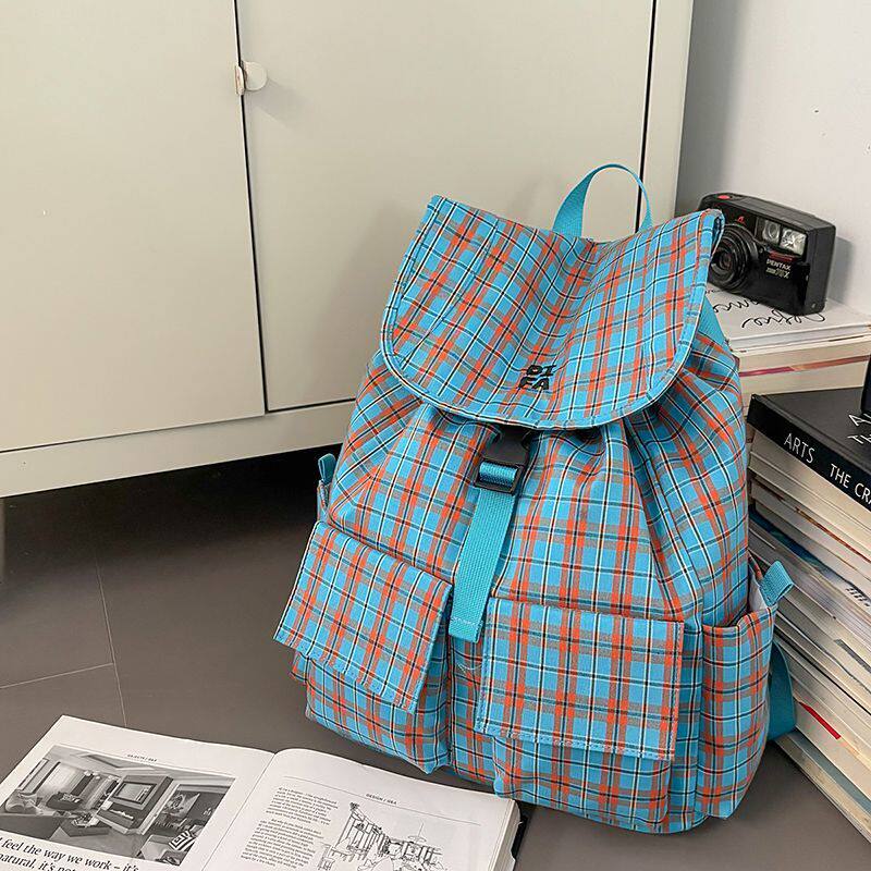 小学生初中生复古双肩包休闲旅行轻便学院抽绳背包格子大容量新款