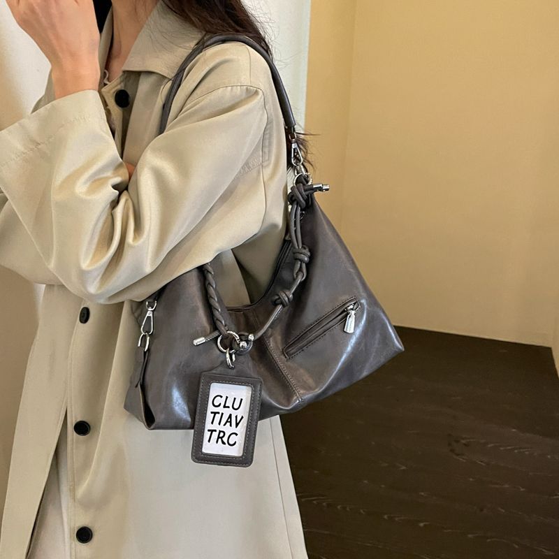 复古油蜡皮褶皱腋下托特包 松弛感大容量通勤百搭单肩斜挎女包