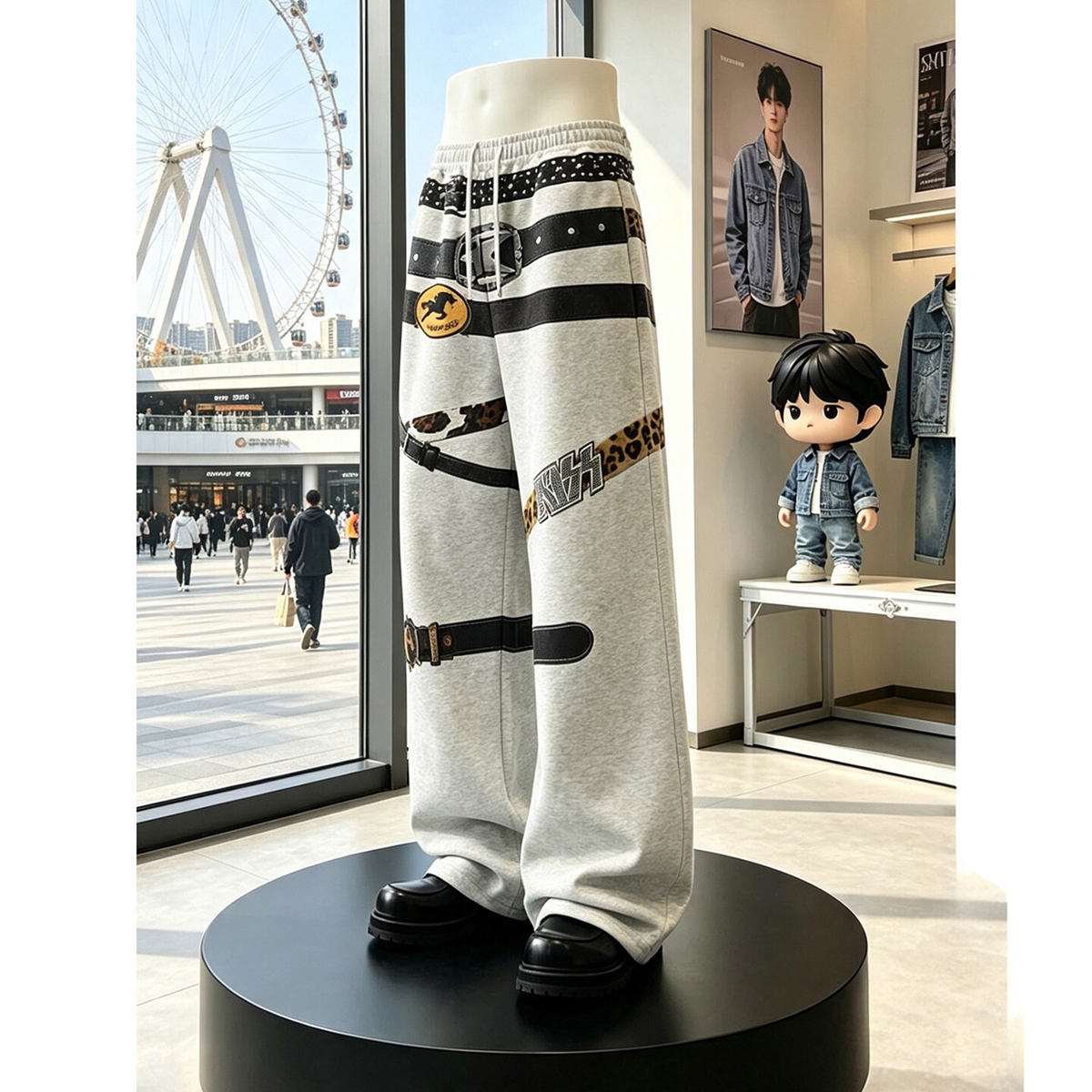 美式街头3D打印腰带设计感直筒卫裤男女hiphop裤子潮牌宽松休闲裤