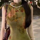 改良连衣裙显瘦风情迷人花朵新中式 国风旗袍日常绿色旗袍港工槐夏