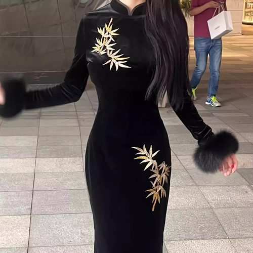 秋冬新款长袖黑色旗袍女尊为金竹
