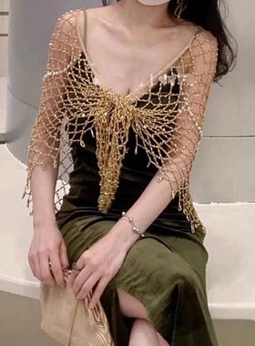 国风复古优雅小众古典金珠系带设计感防晒旗袍披肩镂空坎肩纯欲风