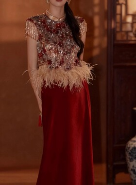 新中式重工红色丝绒套装女立领流苏羽毛中式敬酒服结婚订婚礼服女