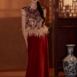新中式 女立领流苏羽毛敬酒服订婚礼服女高级晨袍 重工红色丝绒套装
