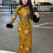 旗袍女2026国风连衣裙新中式 显瘦收腰秋冬旗袍绝美裙子贵气夜未央