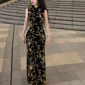 国风显瘦重工刺绣钉珠旗袍女修身 改良黑色连衣裙气质长裙鎏金漫珠