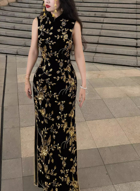 国风显瘦重工刺绣钉珠旗袍女修身改良黑色连衣裙气质长裙鎏金漫珠