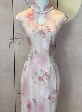 新款绝美新中式改良旗袍粉色气质裙子女日常连衣裙水滴领朝花夕拾