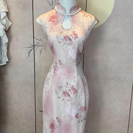 绝美新中式旗袍粉色连衣裙收腰裙子女日常改良水滴领旗袍朝花夕拾