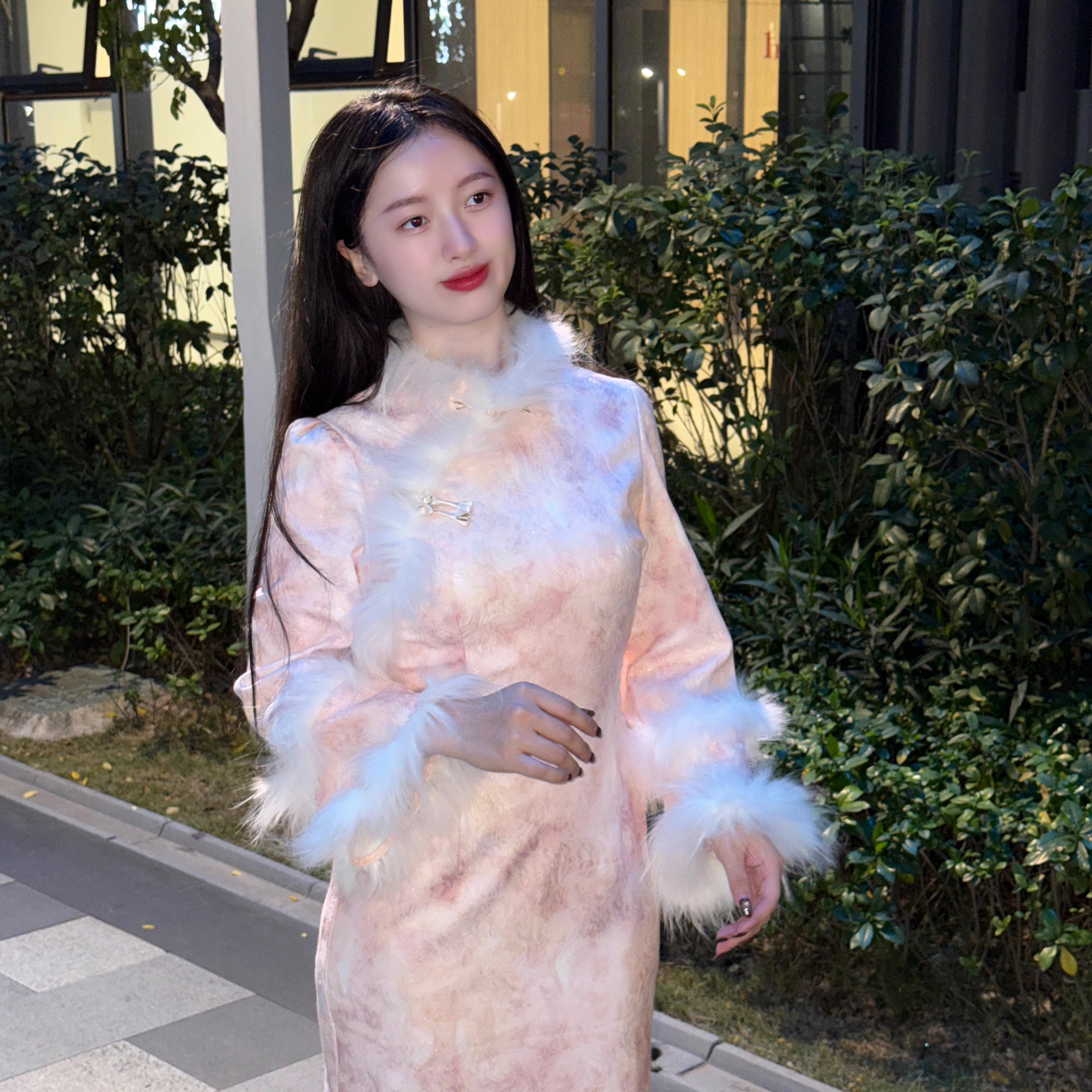 粉色修身秋冬旗袍长袖粉花落香