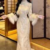 复古风新中式 毛绒袖 立体花旗袍日常温柔仙气飘飘连衣裙神明少女花