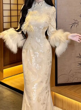 复古风新中式毛绒袖立体花旗袍日常温柔仙气飘飘连衣裙神明少女花