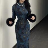 国风连衣裙冬装 秋冬新款 提花绝美改良旗袍中式 加绒保暖兰陵王旗袍