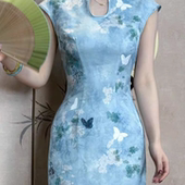 气质连衣裙新款 改良贝壳袖 旗袍裙水蓝色梦 国风蓝色旗袍长款 新中式