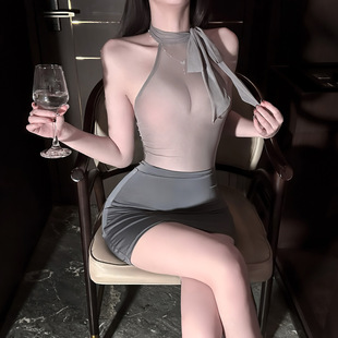 性感风挂脖包臀裙女蝴蝶结领带网纱透视露背制服套装 情调 肚兜女装