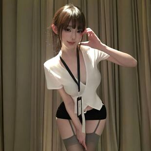 性感风白色V领短袖 连衣裙蝴蝶结 肚兜女角色扮演OL秘书制服套装