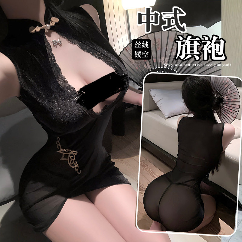 性感蕾丝V领无袖肚兜女黑色镂空纯欲睡衣旗袍纯色2026年夏季正品