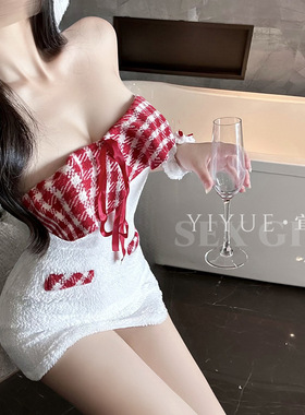 性感格子抹胸肚兜女白色系带包臀裙氛围感气质套装大尺度2026蕾丝