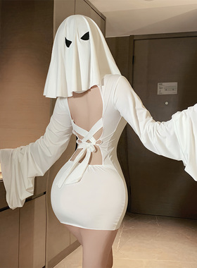 性感幽灵面具睡裙女夏季白色V领长袖露背绑带短裙睡裙大尺度睡衣