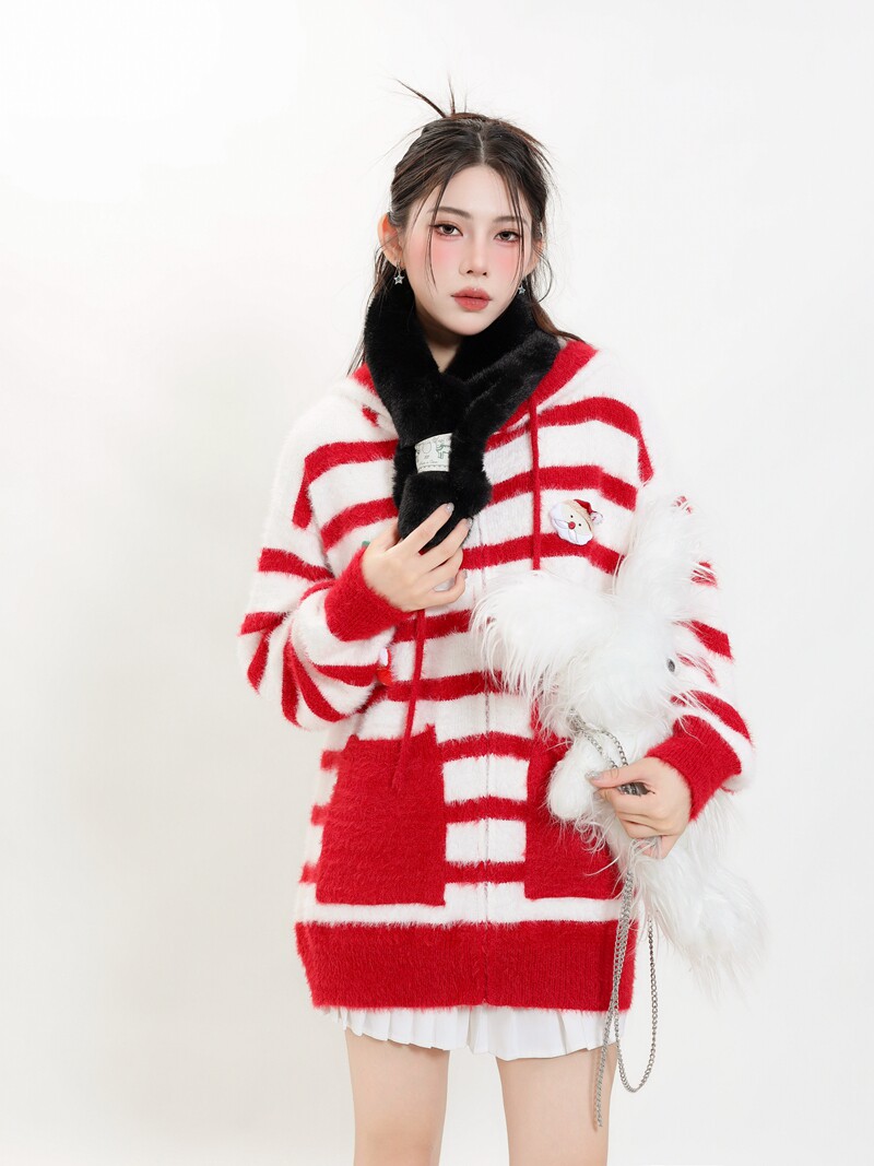 oversize氛围感学院甜妹红白条纹连帽毛衣卫衣女圣诞节针织衫外套