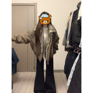 冬季温柔慵懒保暖座山雕十字架毛领棉衣棉服棕色夹棉加厚防寒外套