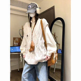 女两件套装 绑带衬衫 温柔甜美风麻花针织马甲背心毛衣搭配长袖 法式