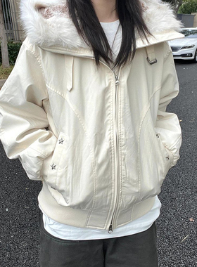 冬日复古气质温柔风杏色毛毛领连帽棉服保暖百搭休闲加厚棉衣外套