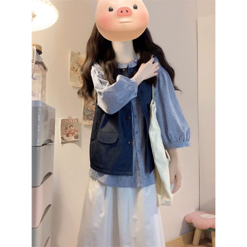 牛仔马甲+格纹衬衫+白色半身裙