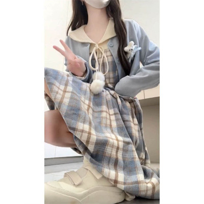 套装_单件韩系学院风娃娃领格纹假两件拼接连衣裙女+短款小熊外套