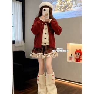 冬日新年元 高腰流苏边格纹短裙两件套 气满满甜妹假两件红色毛衣
