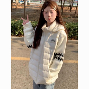 冬日甜美减龄学院风撞色针织拼接连帽棉服女学生别致保暖设计棉衣