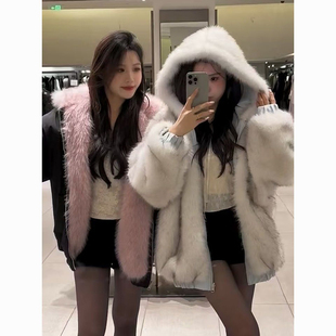 冬季 慵懒座山雕可爱两面穿兔耳朵连帽加厚粉色毛毛外套女保暖棉服