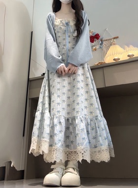 韩系温柔风收腰显瘦娃娃领碎花连衣裙搭配蓝色披肩开衫两件套装女