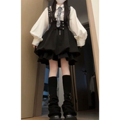 两件套装 印花上衣衫 温柔气质甜美风黑色花苞背带裙叠穿灯笼袖 法式