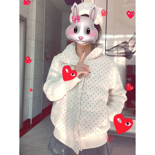 日系时尚小个子通勤学院风杏色波点拼接针织棉服立领百搭棉衣外套