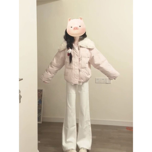 秋冬季温柔甜妹风粉色羊羔毛拼接棉服冬日氛围感设计宽松保暖棉衣