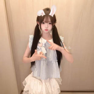 夏季 搭配高腰蝴蝶结半身裙两件套穿搭 日系甜美风娃娃领小飞袖 衬衫