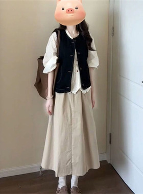 三件套装女秋季韩版学院风复古牛仔马甲背心+刺绣衬衫+高腰半身裙
