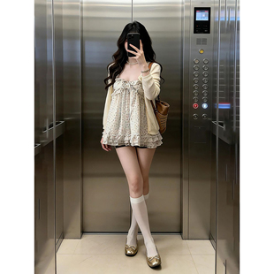 两件套装 针织开衫 杏色薄款 2026早春甜美小清新碎花吊带背心上衣