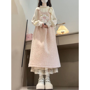 两件套装 法式 打底衫 长袖 甜美可爱少女感粉色小羊提花减龄背带裙