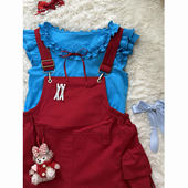 夏日一整套多巴胺甜美可爱红色背带短裤 搭配蝴蝶结上衣两件套穿搭