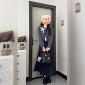 2025秋冬气质温柔风灰色针织蕾丝长袖 毛衣搭配格纹半身裙两件套装