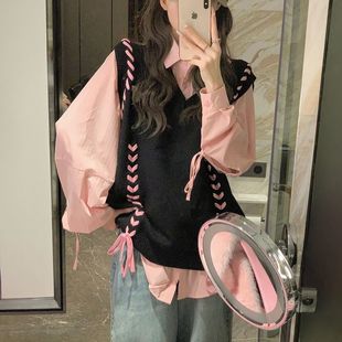 学院风蝴蝶设计感软糯绑带V领马甲背心女叠穿衬衫 两件套装