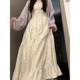 兩件套裝 女學生防曬針織開衫 度假風系帶方口領碎花吊帶連衣裙子