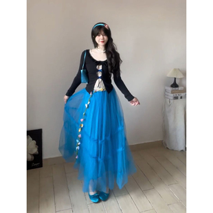 搭配重工蓬蓬长裙两件套装 法式 温柔蓝调甜美度假假两件蕾丝针织衫